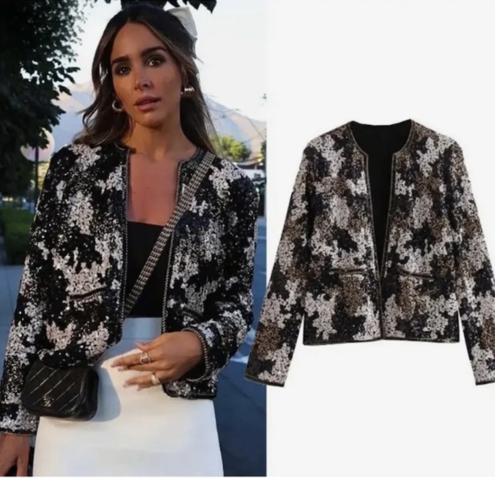 Zara Open Front Sequin Knit Cardigan Jacket
